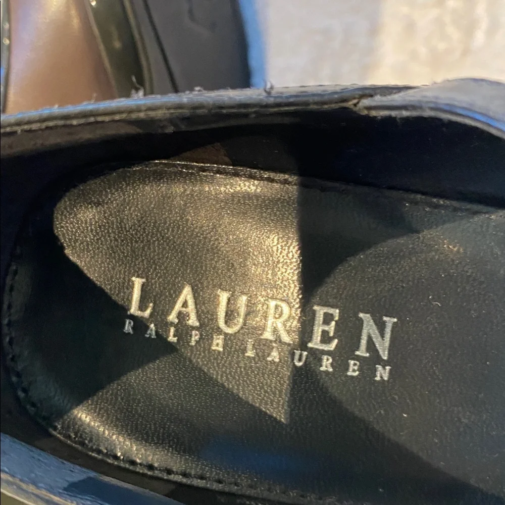 Lauren Ralph Lauren Mary Jane taupe leather gray patent platform heels Sz 8.5 - Picture 5 of 9